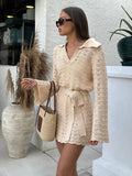 Sexy Shirt V-neck Bell Sleeve Hollow Out Knitted Belted Beach Mini Dress 2024 Summer Swimsuit Cover Up Women's Casual Outfit K16